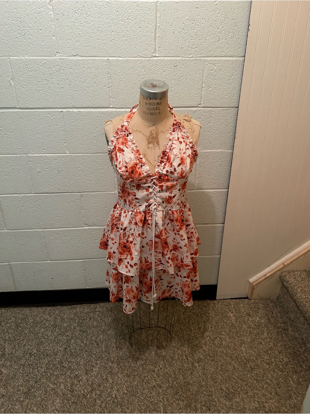 Floral Halter Ruffle Tiered Dress in White and Orange